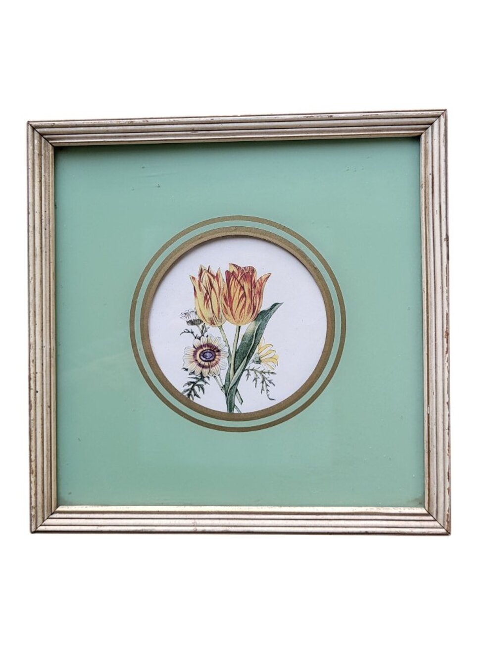 Vtg Small Framed Floral Print of Tulips Under Reverse Painted Glass 8.5x8.5 in
